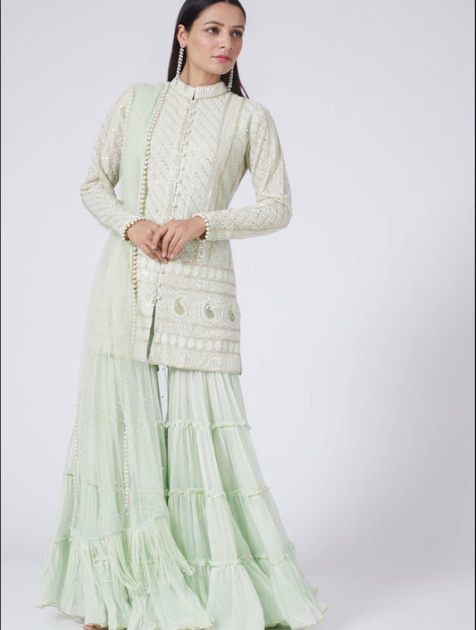 MINT GREEN CHIKANKARI FRILL SHARARA SET