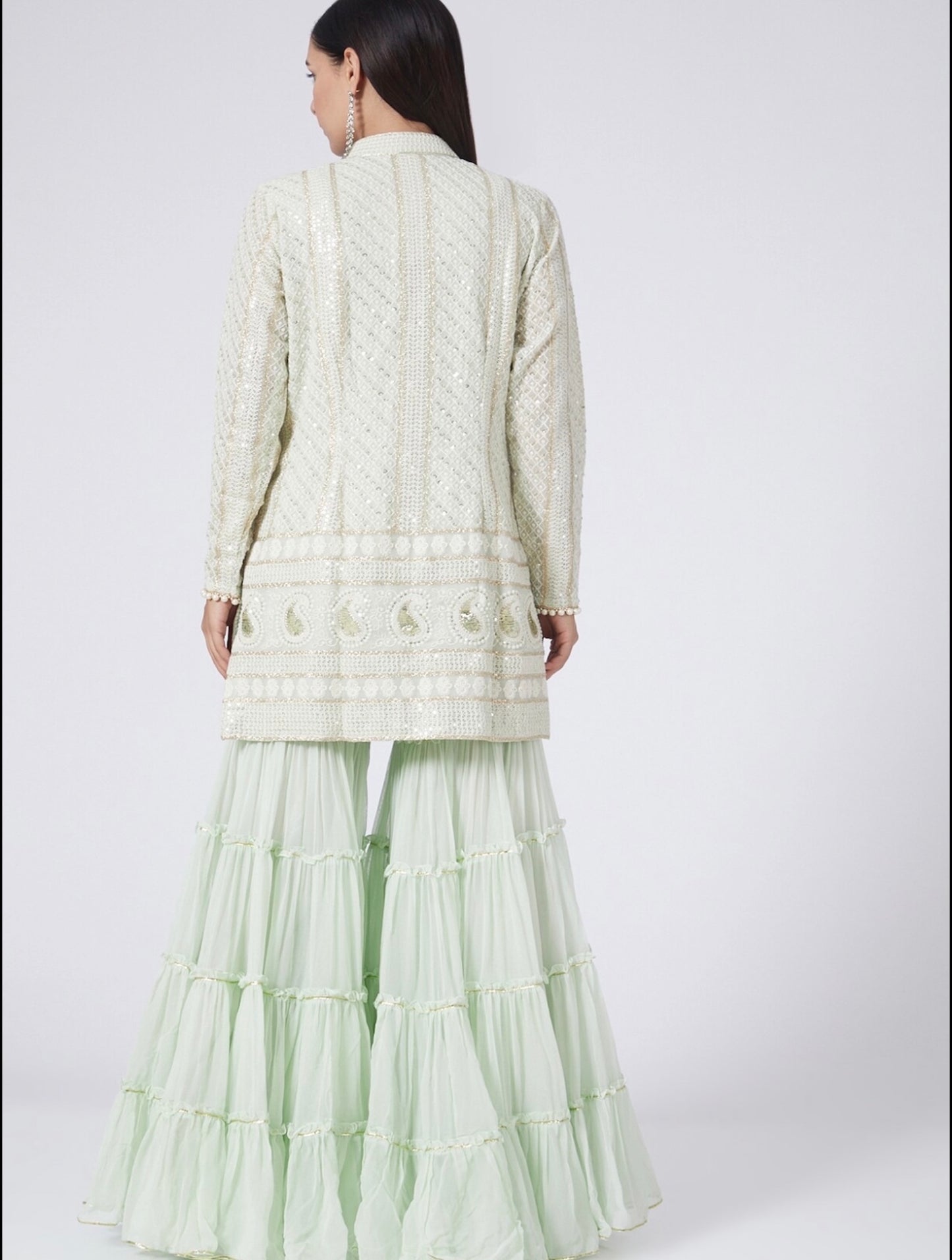 MINT GREEN CHIKANKARI FRILL SHARARA SET