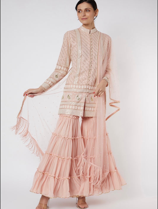 PEACH CHIKANKARI FRILL SHARARA SET