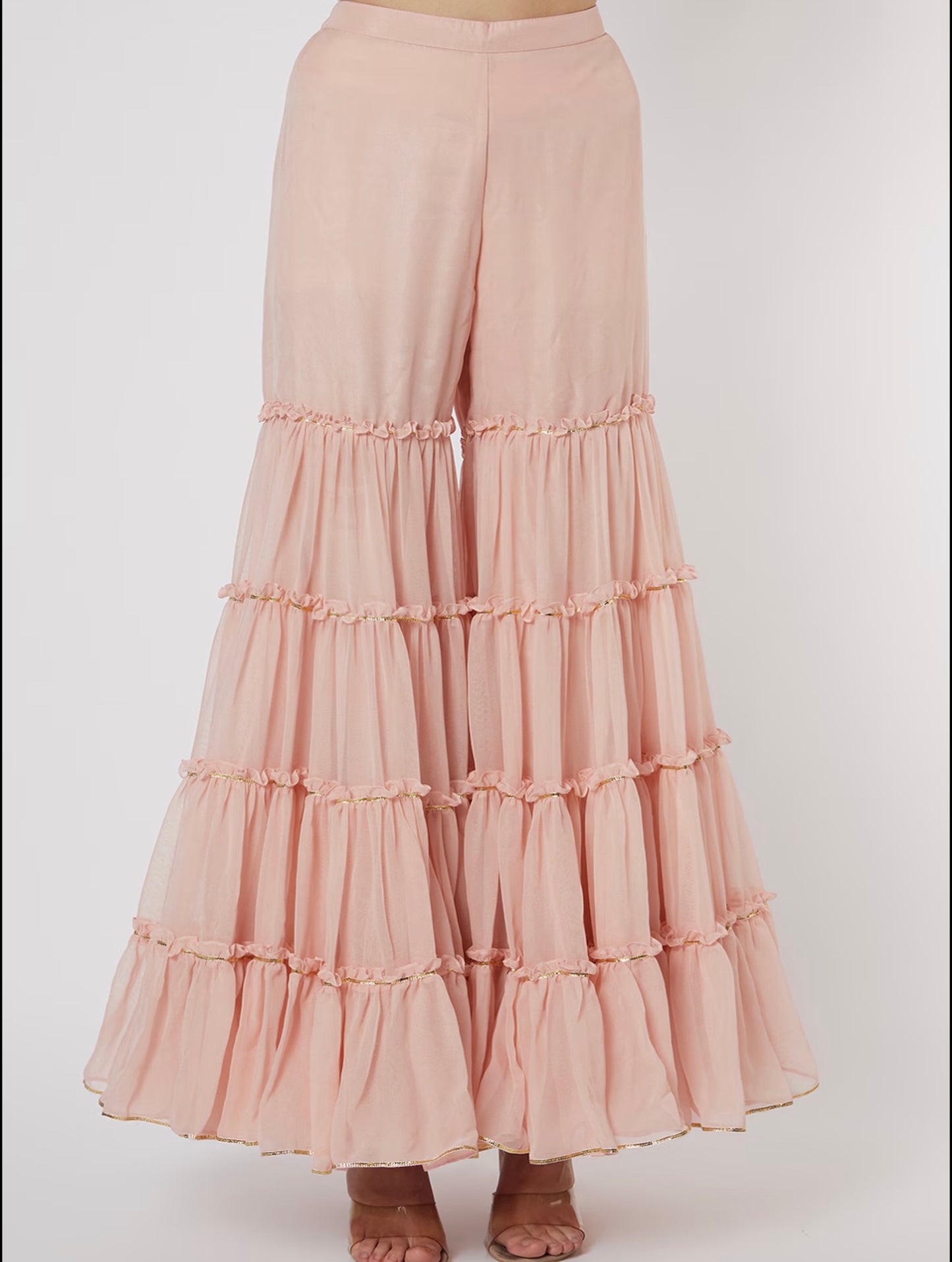 PEACH CHIKANKARI FRILL SHARARA SET