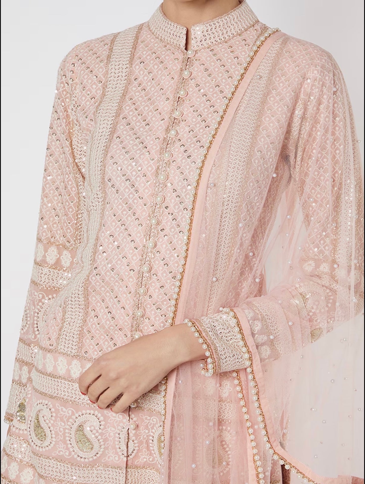 PEACH CHIKANKARI FRILL SHARARA SET