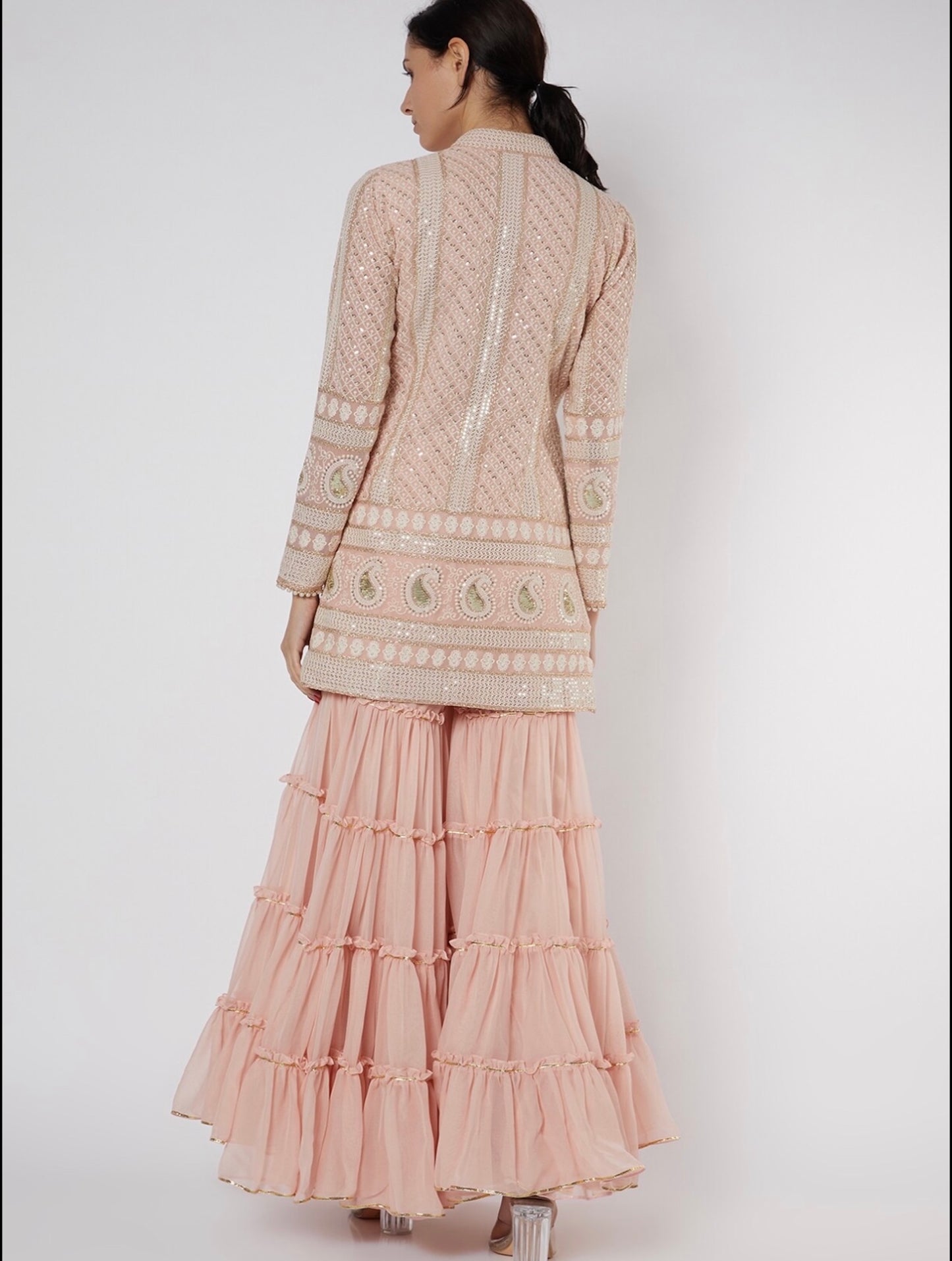 PEACH CHIKANKARI FRILL SHARARA SET