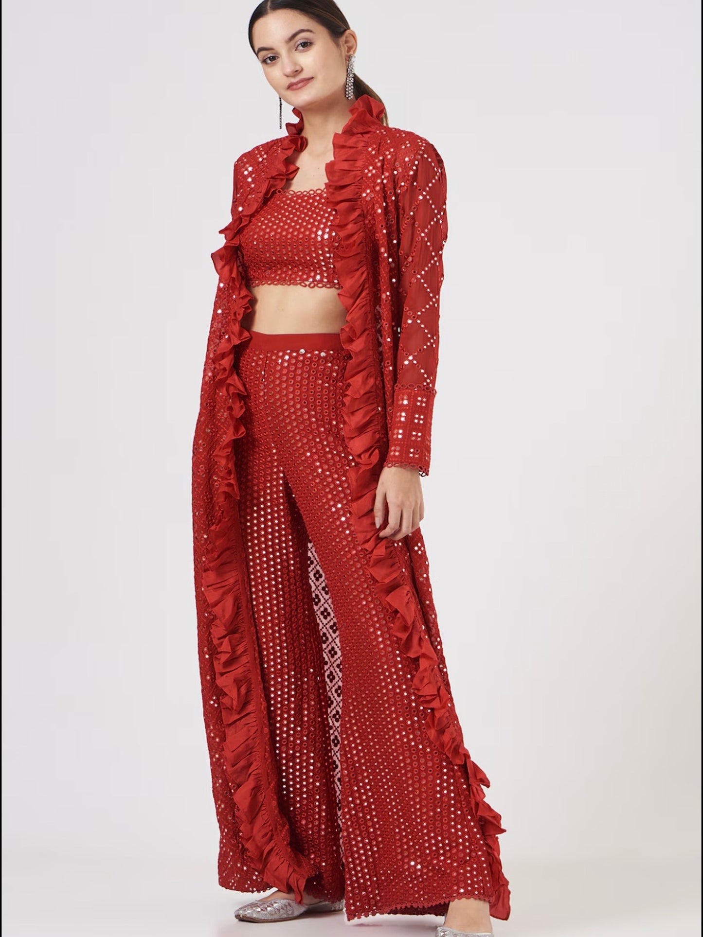 RED MIRROR WORK JACKET SET