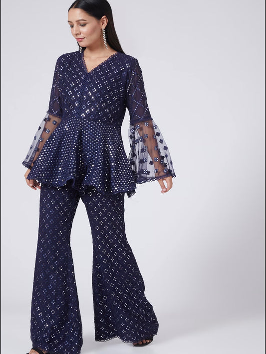 NAVY BLUE MIRROR WORK PEPLUM COORD SET