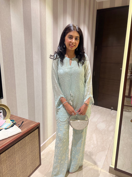 NIKITA KHURANA IN SKY BLUE SEQUIN WORK COORD SET