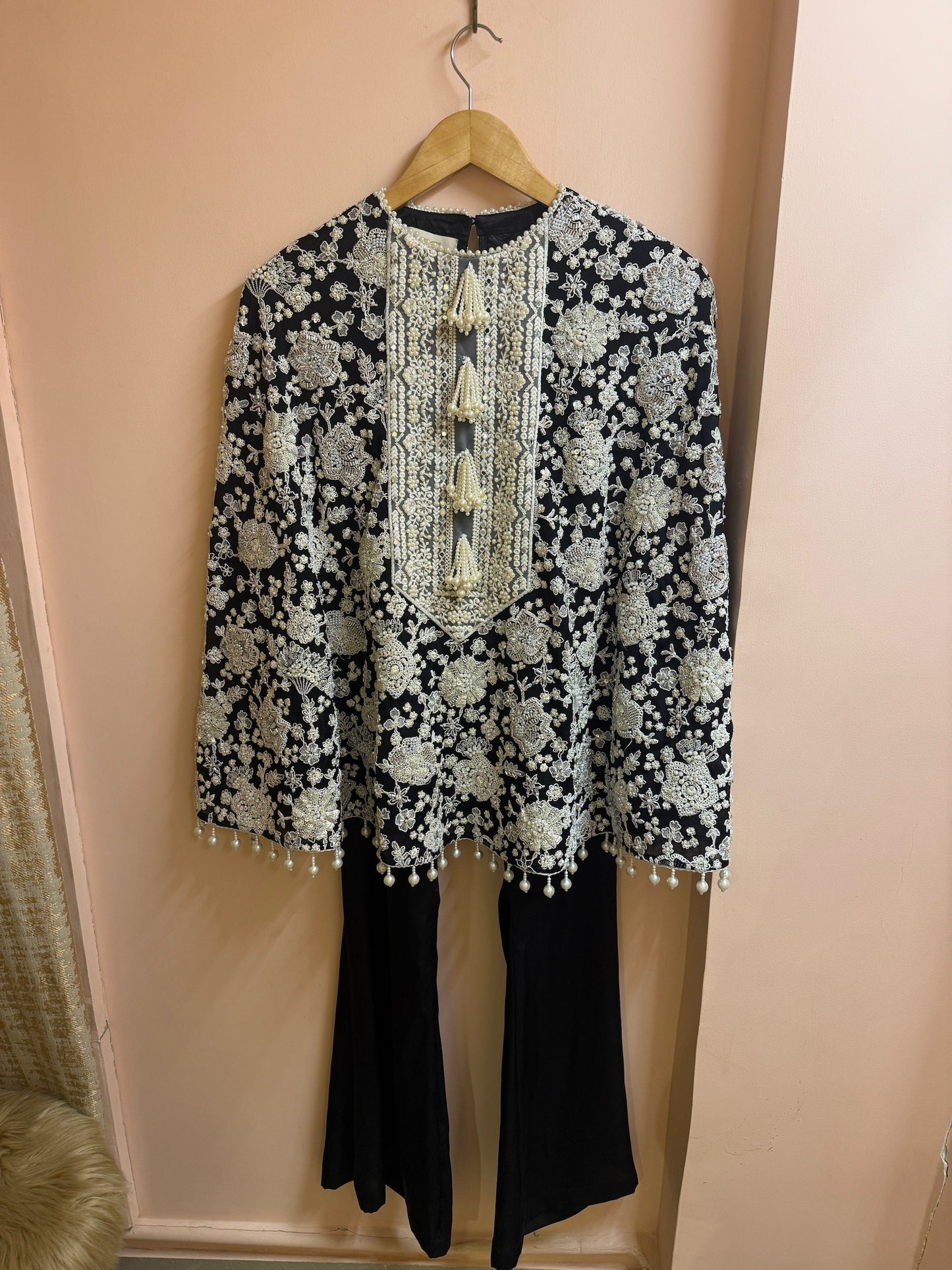 BLACK PEARL WORK CAPE SET WITH NECK EMBROIDERY