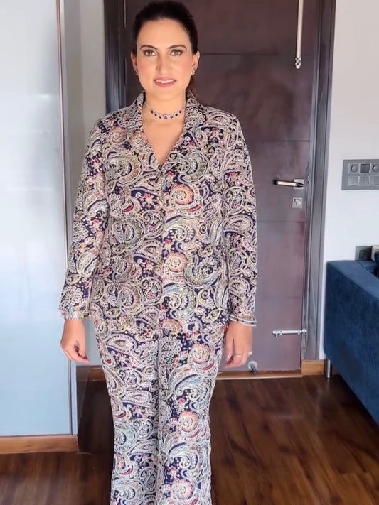 NAVY BLUE MULTI COLOR EMBROIDERED BLAZER SET