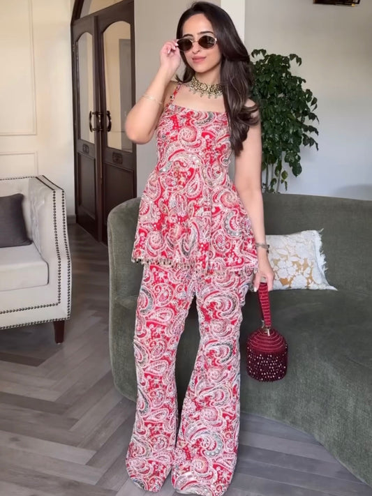 SMRIDHI OBEROI IN RED MULTI COLOR EMBROIDERED PEPLUM SET