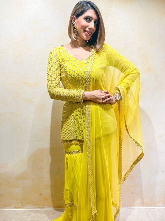 YELLOW ZARI & SEQUIN SHARARA SET