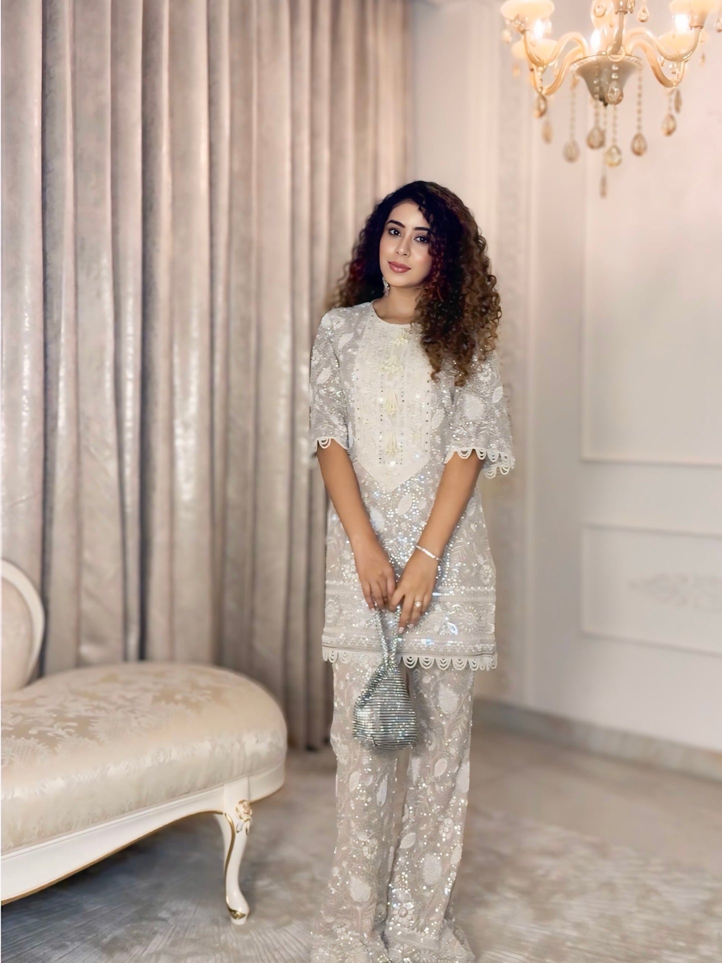 KIRAN SINGH IN BEIGE LUCKNAWI PEARL WORK COORD SET