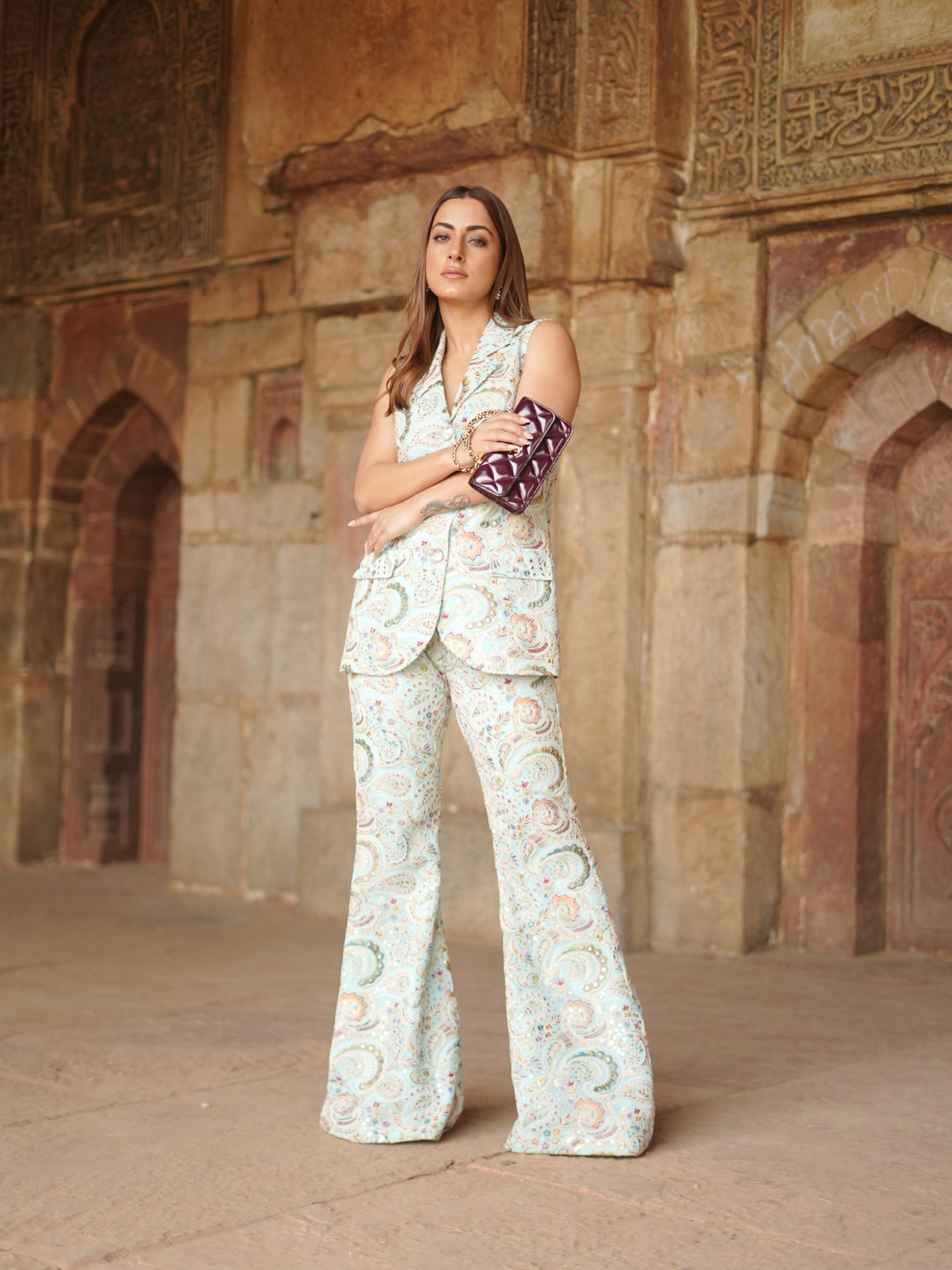 KULVEER IN LIGHT BLUE MULTI COLOR EMBROIDERED JACKET SET