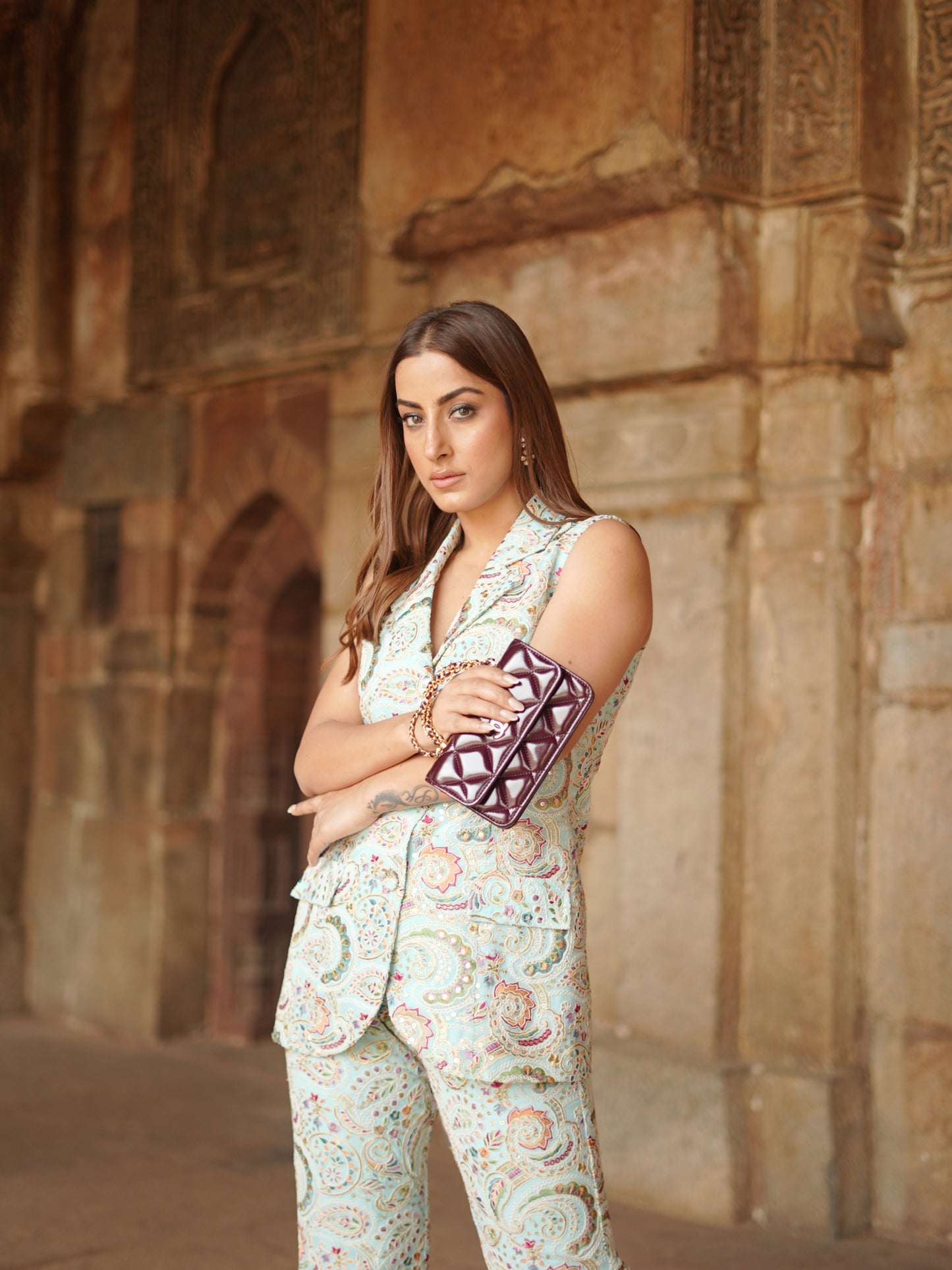 KULVEER IN LIGHT BLUE MULTI COLOR EMBROIDERED JACKET SET