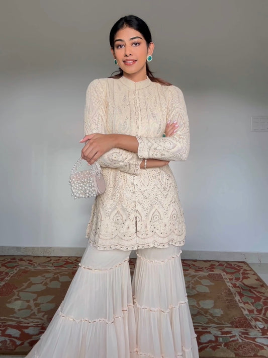 DIVYA BOPPANA IN BEIGE CHIKANKARI FRILL SHARARA SET