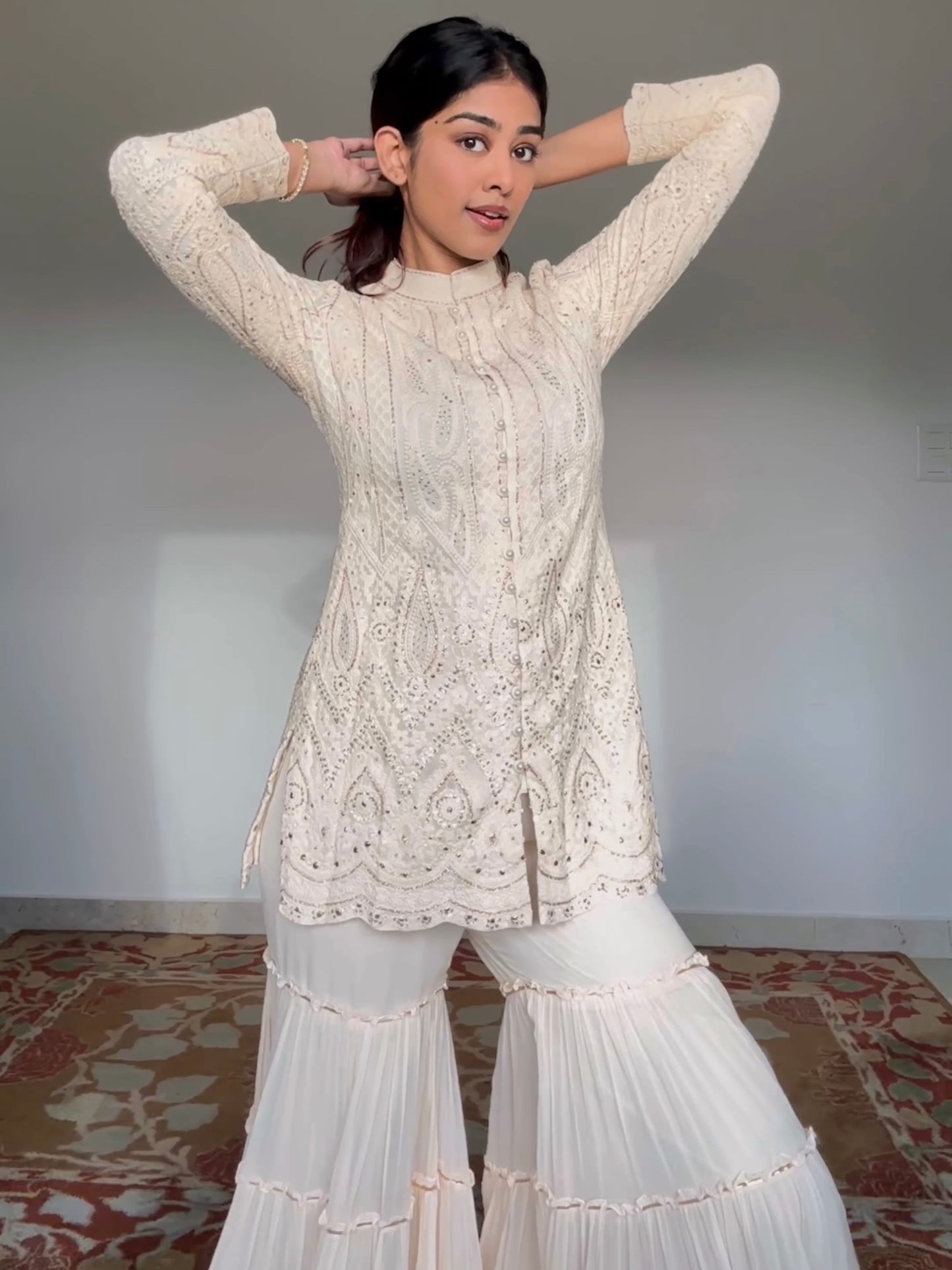 DIVYA BOPPANA IN BEIGE CHIKANKARI FRILL SHARARA SET