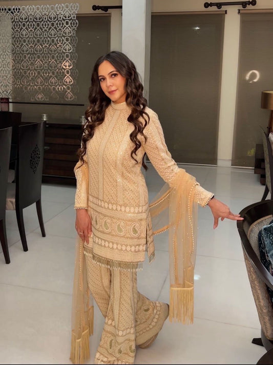 BEIGE CHIKANKARI COORD SET