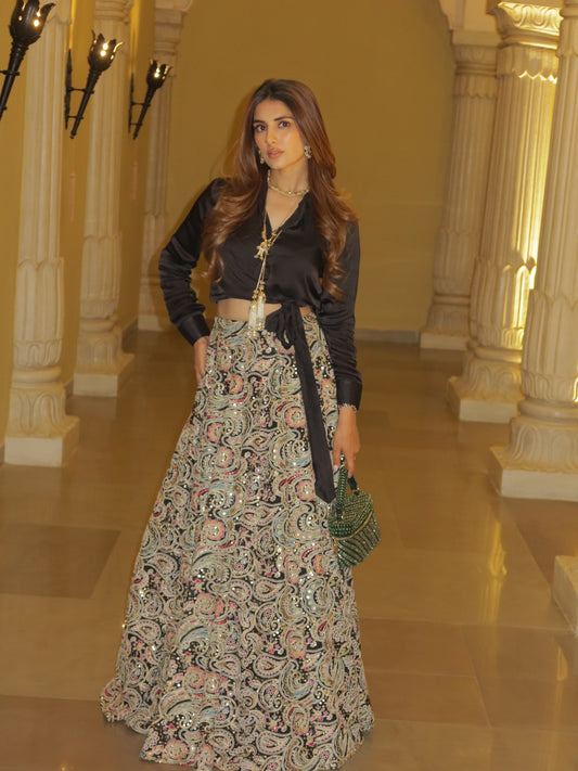MEHER TALUJA IN BLACK MULTI COLOR EMBROIDERED SKIRT SET