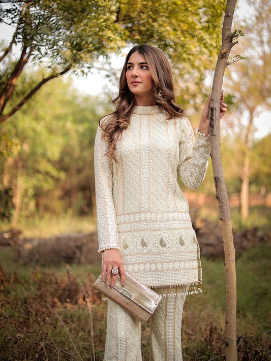 MEHER TALUJA IN MINT GREEN CHIKANKARI COORD SET