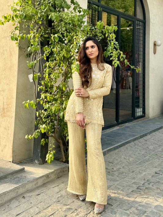 NIKITA VASDEV IN GOLDEN ZARI & SEQUIN COORD SET