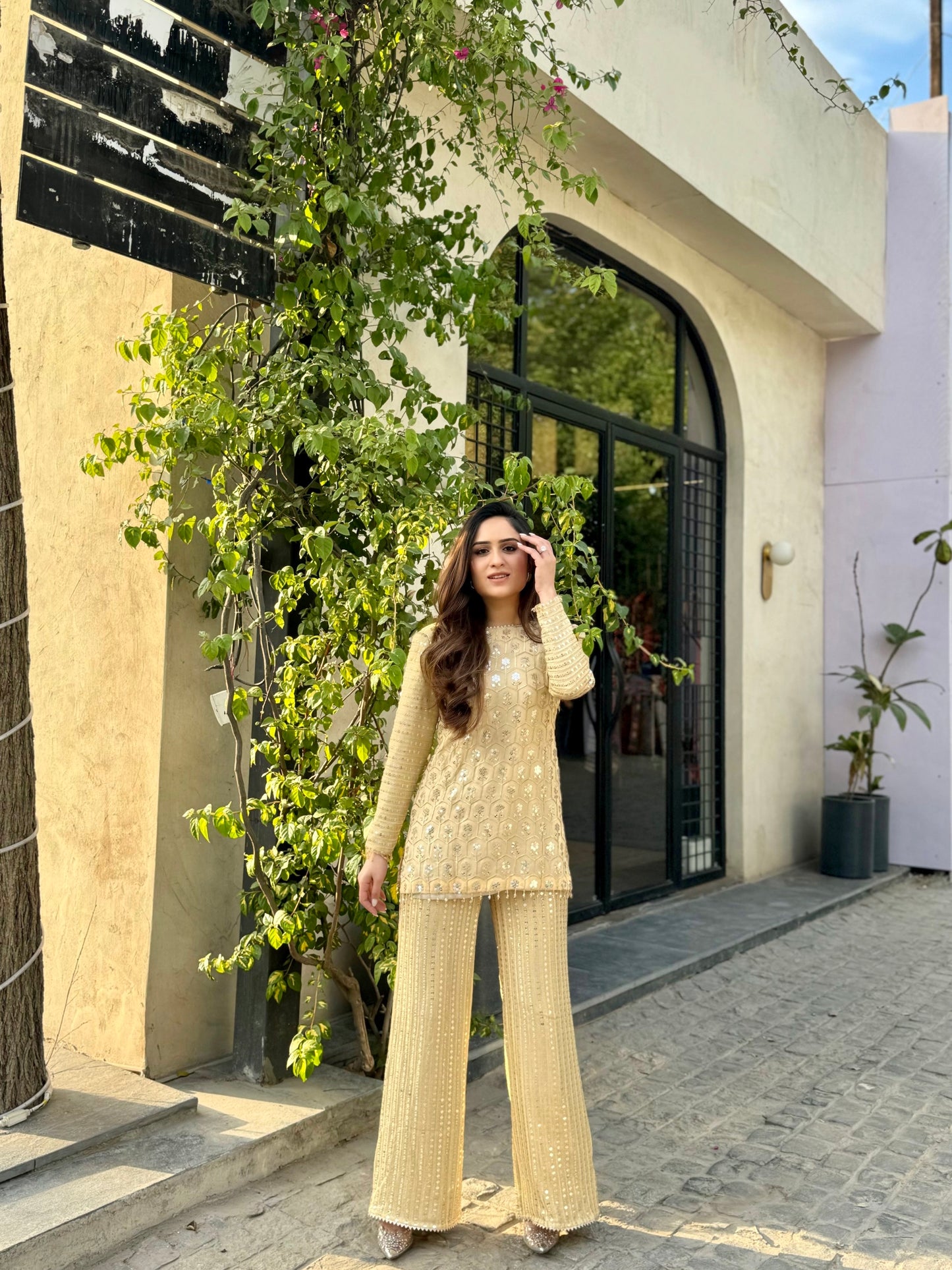 NIKITA VASDEV IN GOLDEN ZARI & SEQUIN COORD SET