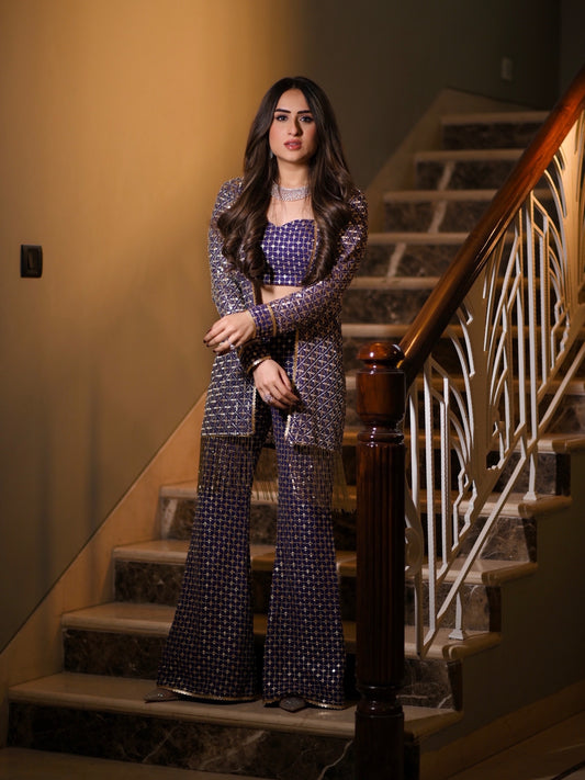 NIKITA VASDEV IN PURPLE ZARI & SEQUIN 3 PIECE SET