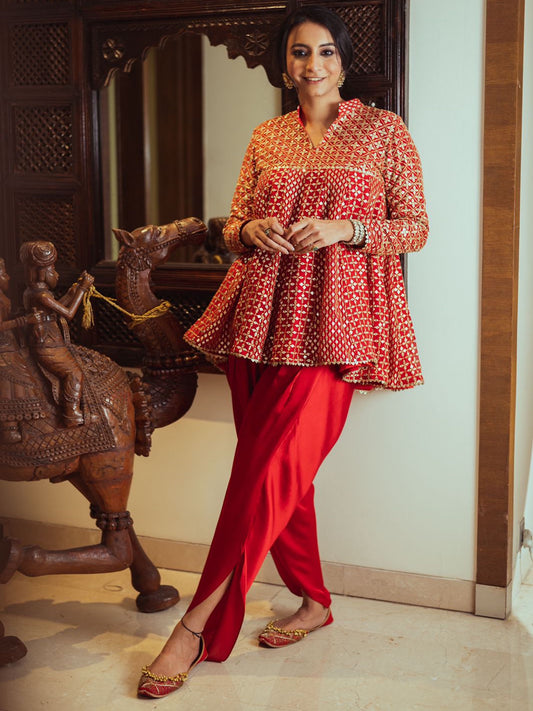 RASNA BHASIN IN RED ZARI & SEQUIN DHOTI SET