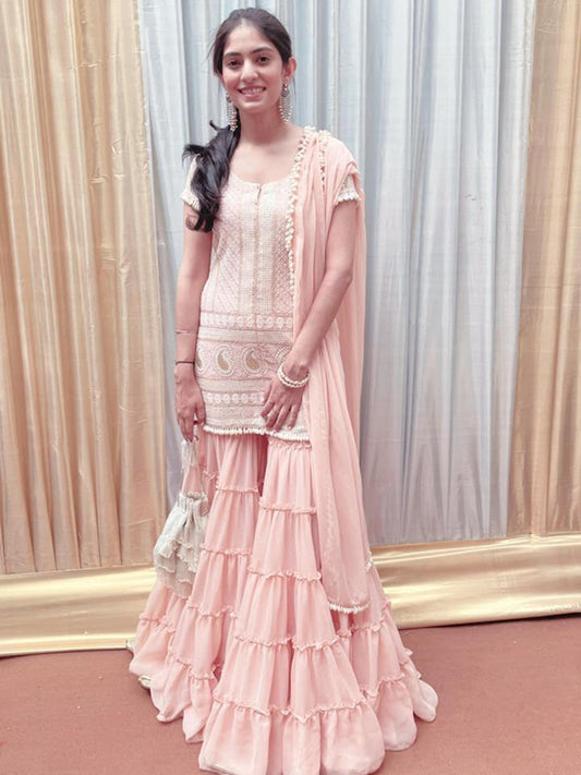 PEACH CHIKANKARI (SHELLS) FRILL SHARARA SET