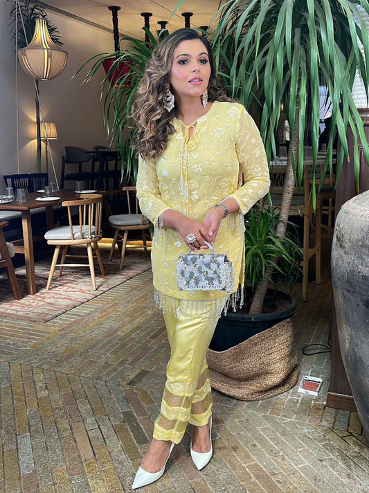 TINA KAKKAD IN YELLOW SEQUIN WORK COORD SET