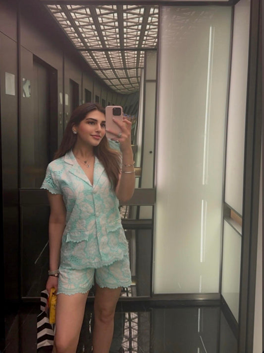 AALIA MOHAN IN BLUE COTTON SHORTS COORD SET