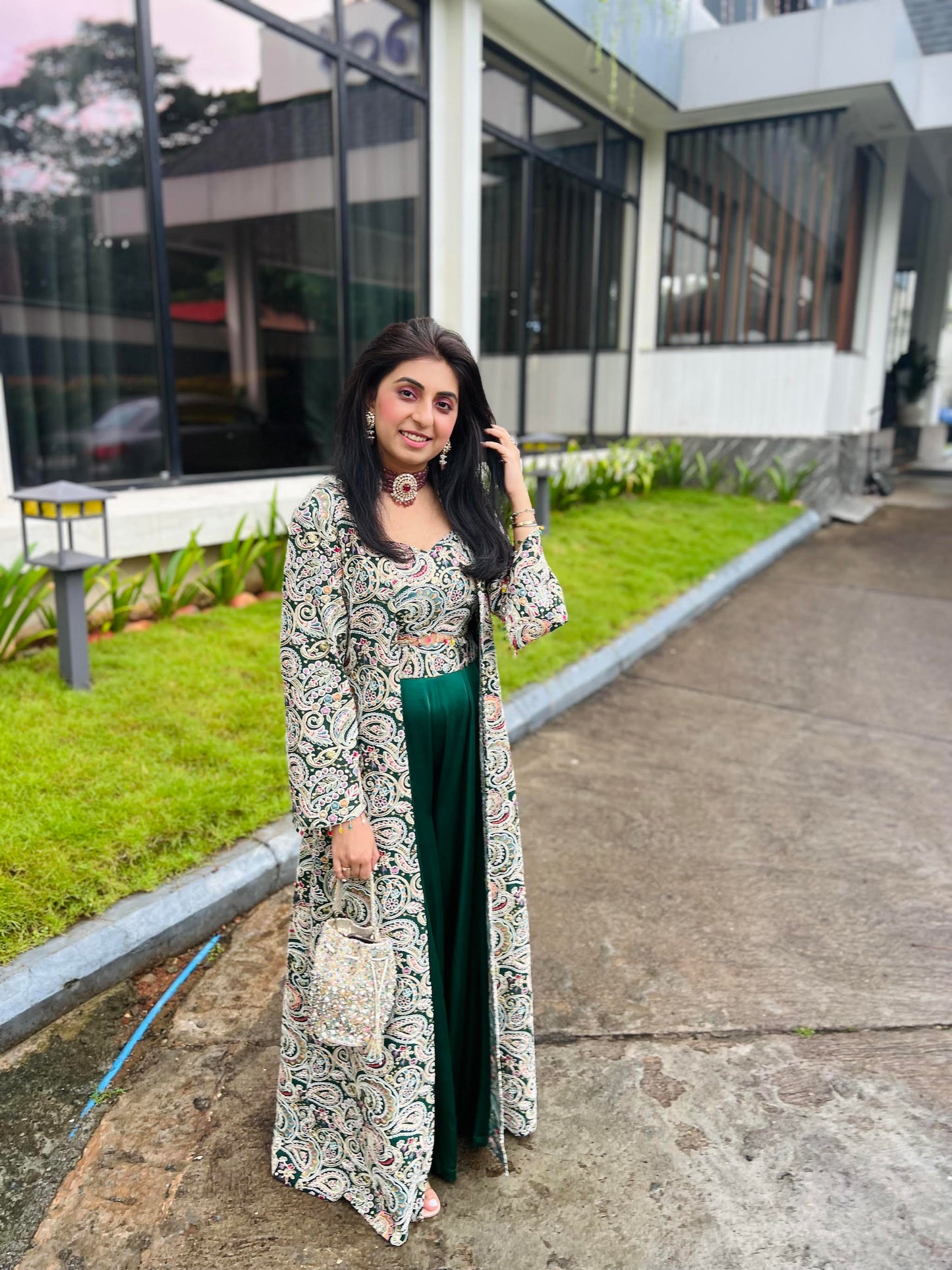 NIKITA KHURANA IN GREEN MULTI COLOR EMBROIDERED 3 PIECE SET