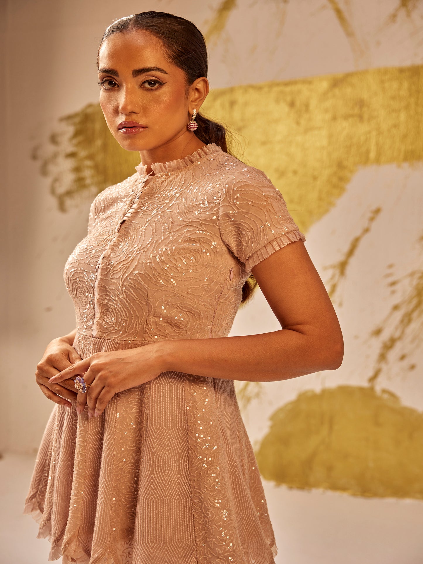 BEIGE SEQUIN WORK PEPLUM SET