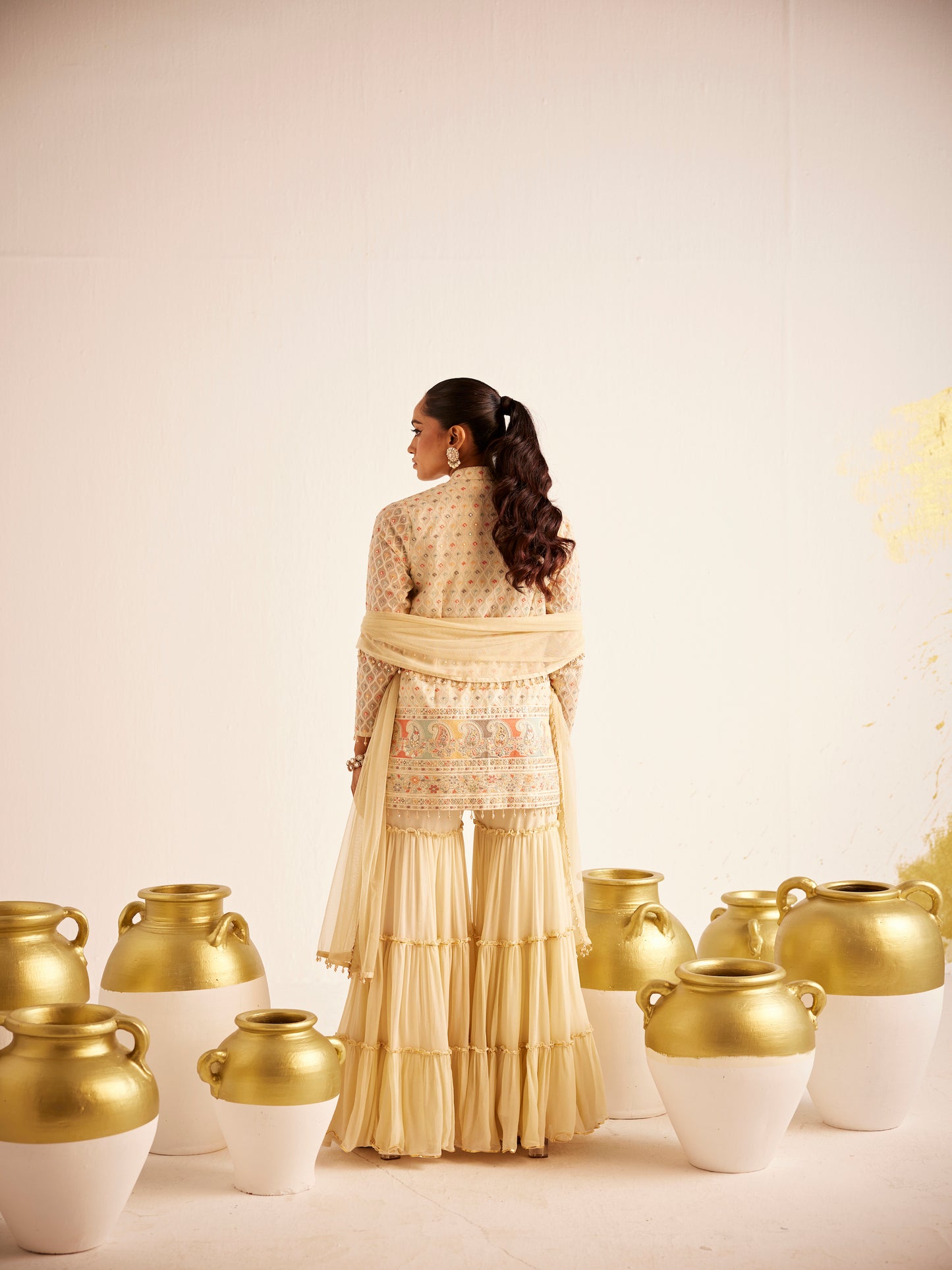 BEIGE MULTI COLOR THREADWORK SHARARA SET