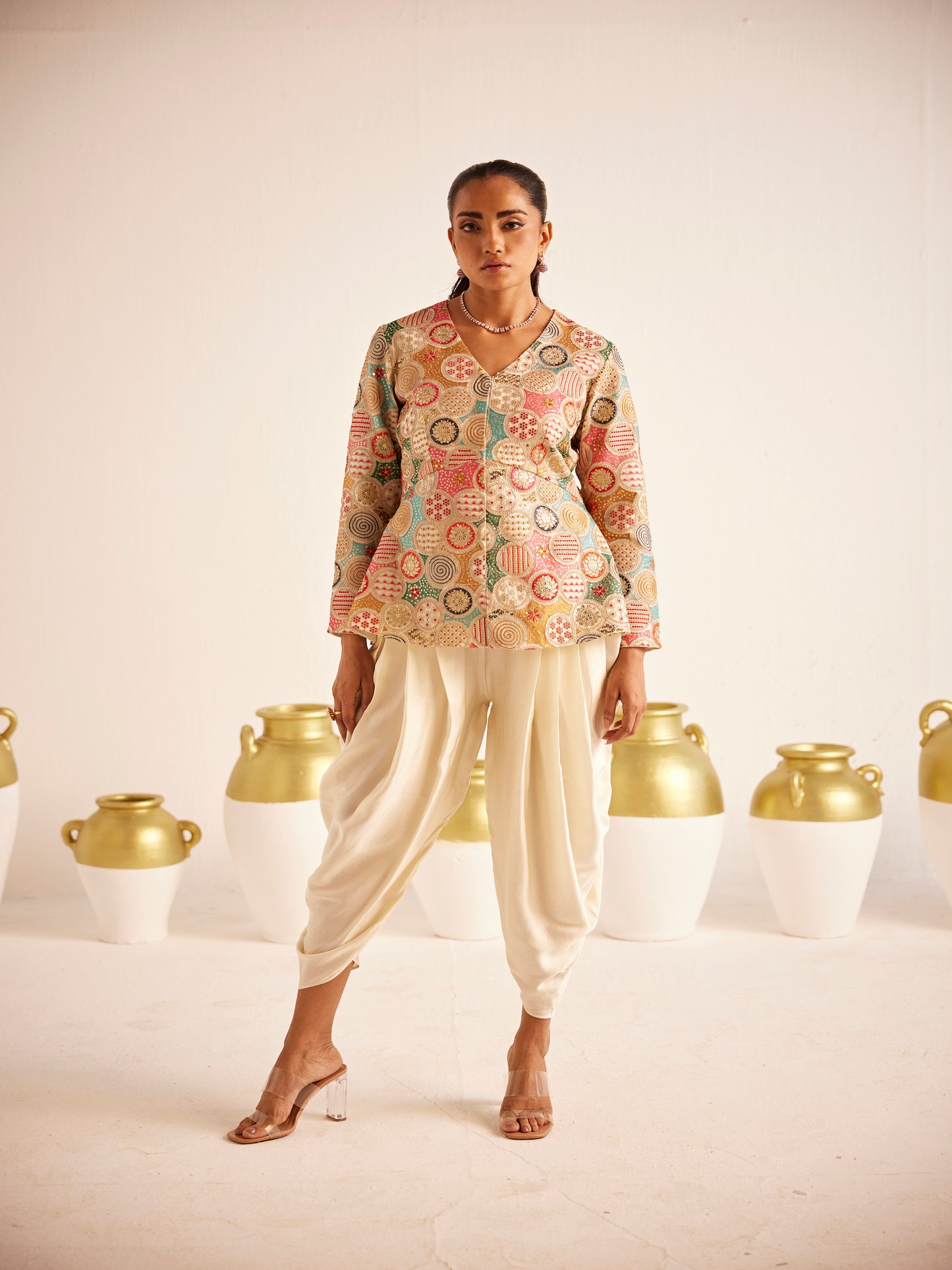 IVORY MULTI COLOR EMBROIDERED DHOTI SET