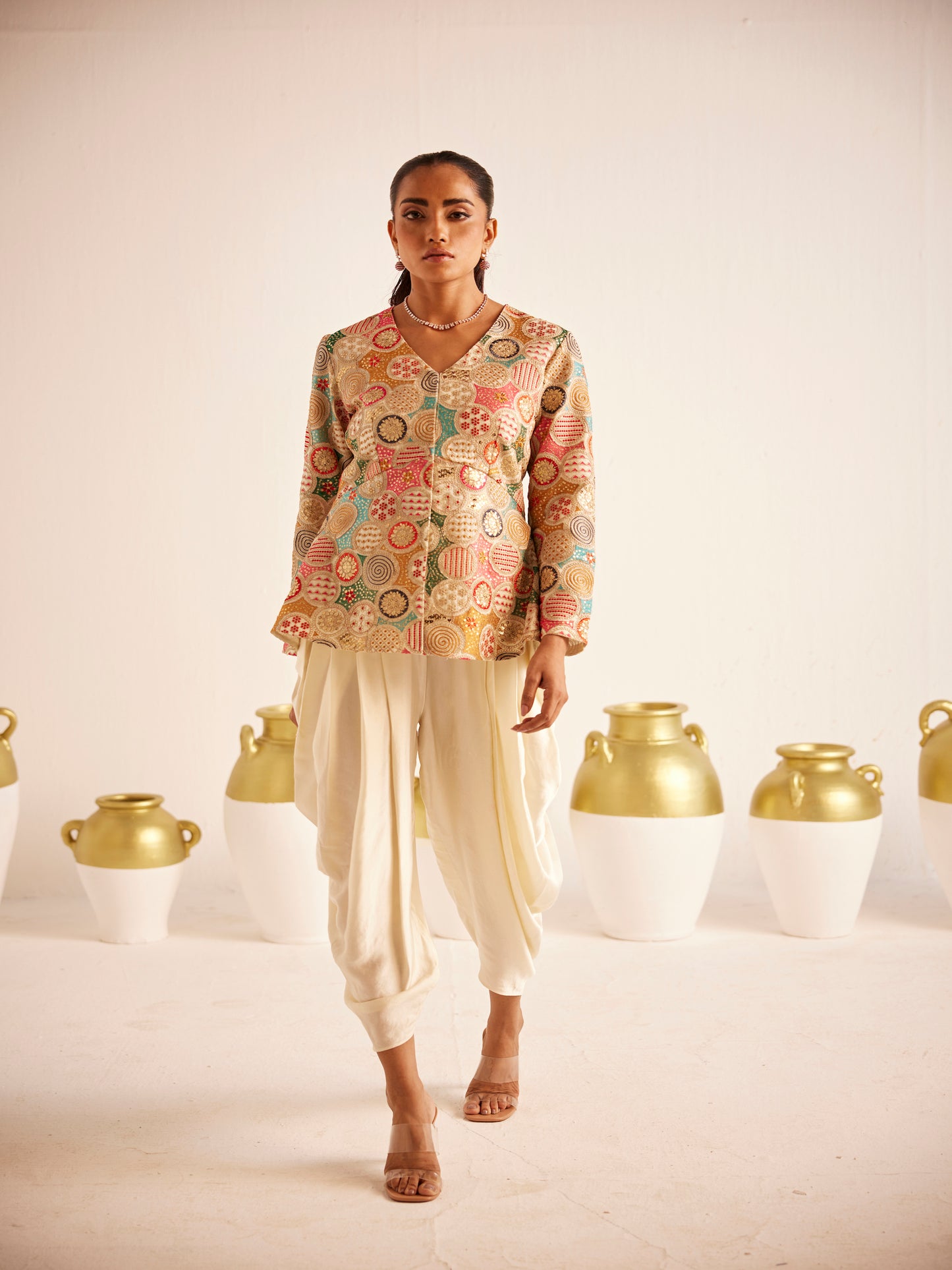 IVORY MULTI COLOR EMBROIDERED DHOTI SET