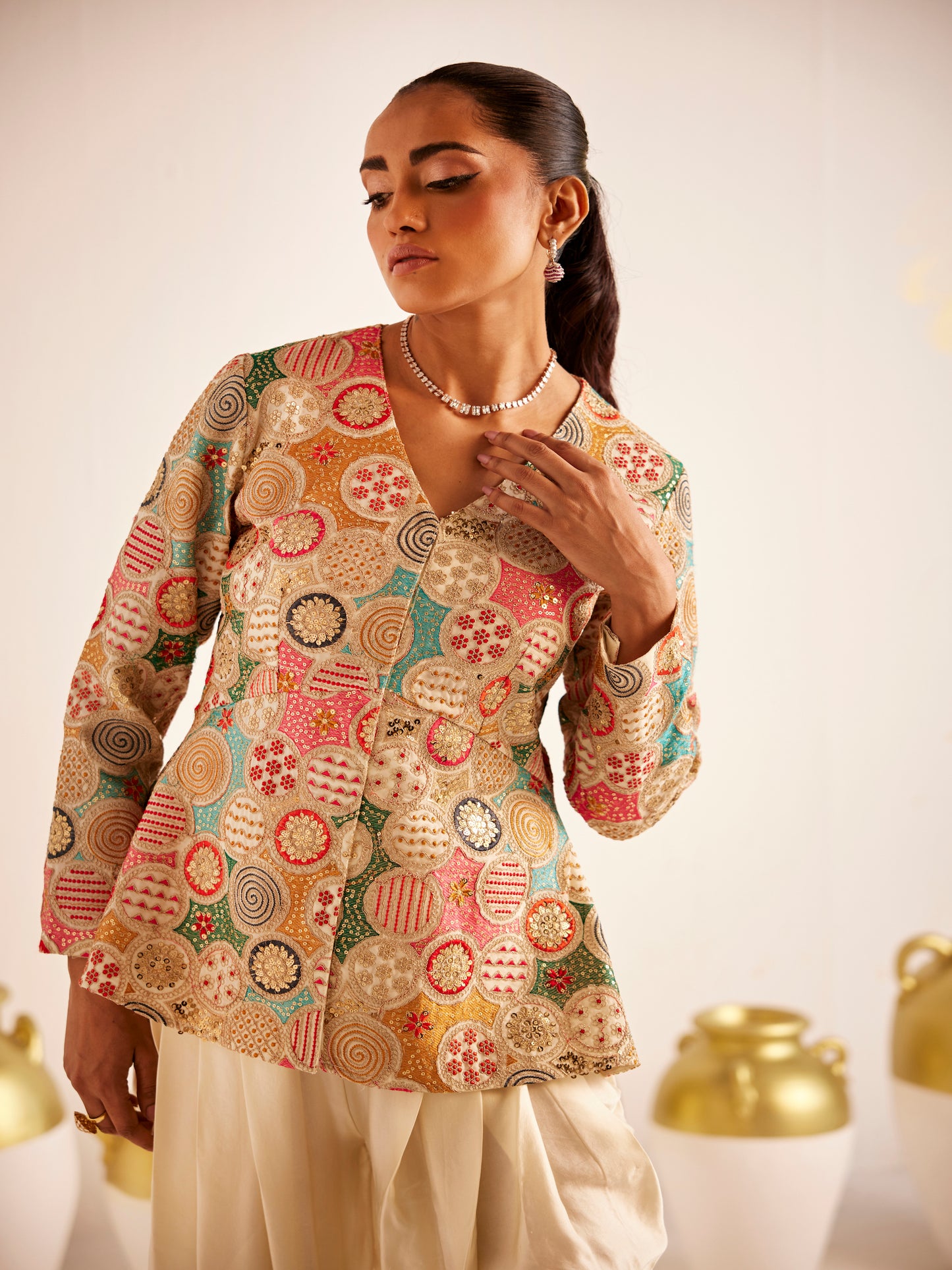 IVORY MULTI COLOR EMBROIDERED DHOTI SET