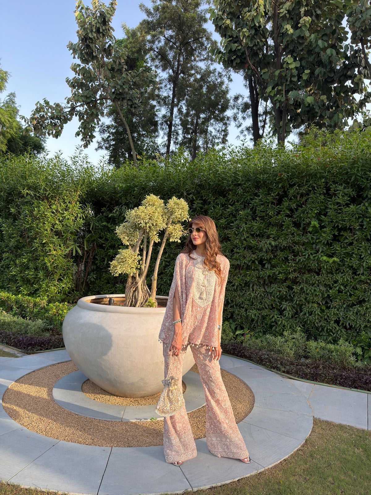 NEHA NAGAR IN PINK LUCKNAWI PEARL WORK CAPE SET