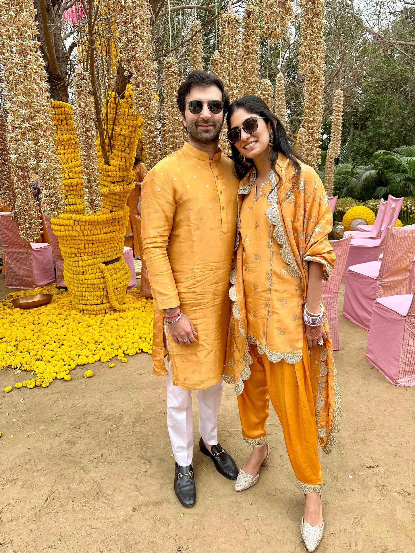 BRIDESMAIDS IN ORANGE TISSUE DHOTI SET