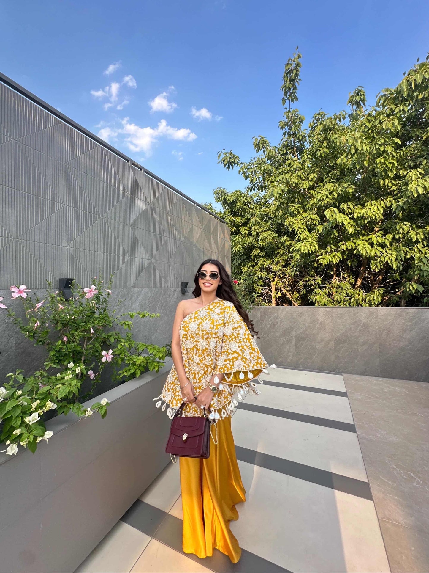 AASHNA VOHRA IN YELLOW PEARL WORK OFF SHOULDER CAPE SET