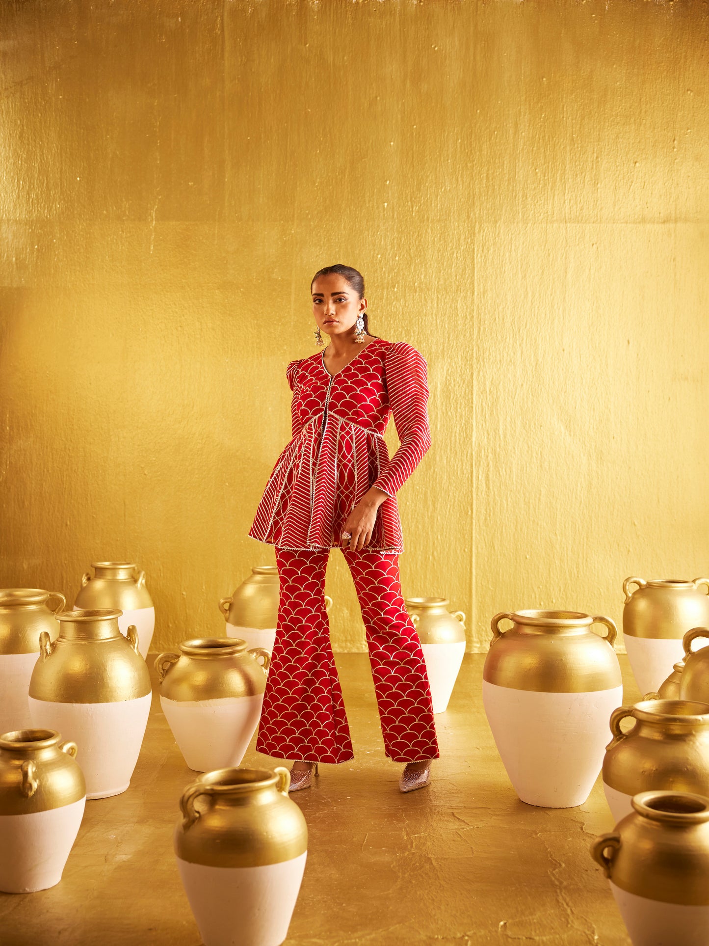 RED GOTA WORK PEPLUM SET