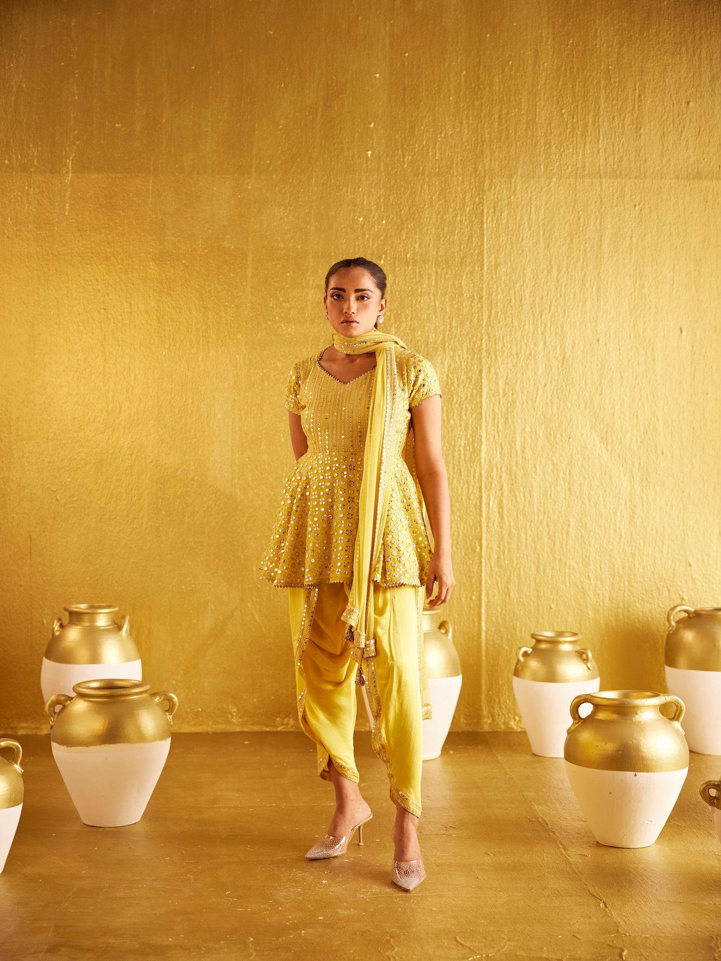 YELLOW ZARI & SEQUIN PEPLUM SET WITH DUPATTA