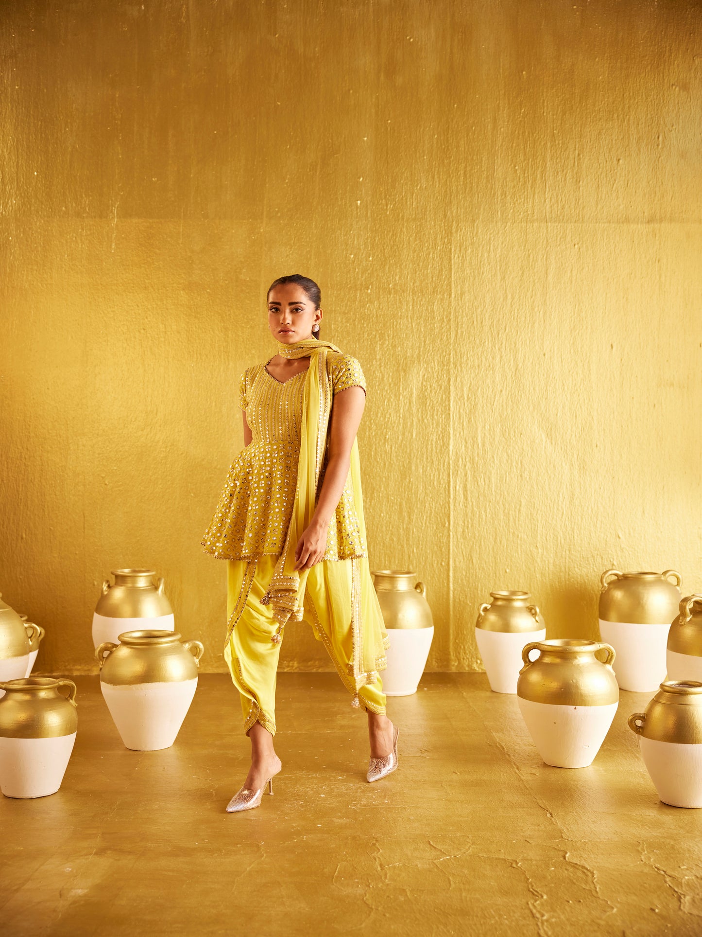 YELLOW ZARI & SEQUIN PEPLUM SET WITH DUPATTA