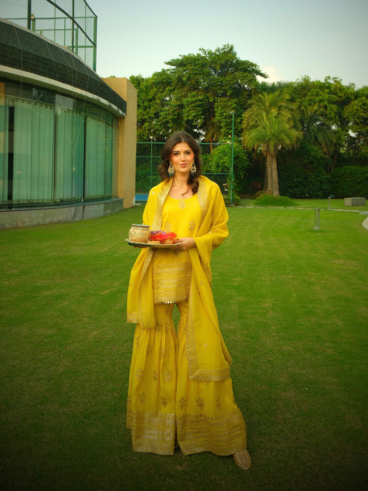 YELLOW BANARSI SHARARA SET
