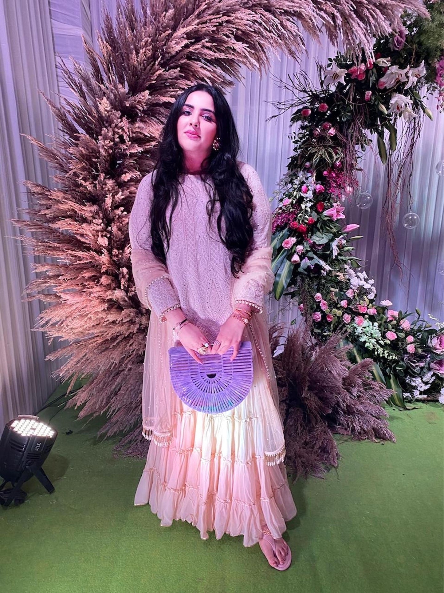 BEIGE CHIKANKARI FRILL SHARARA SET