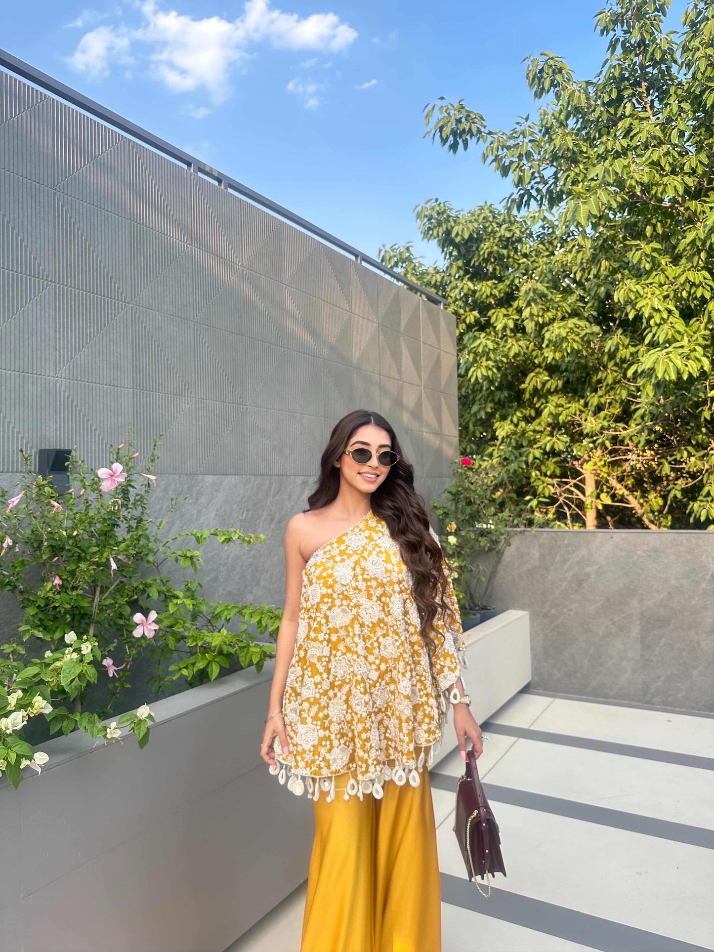 AASHNA VOHRA IN YELLOW PEARL WORK OFF SHOULDER CAPE SET