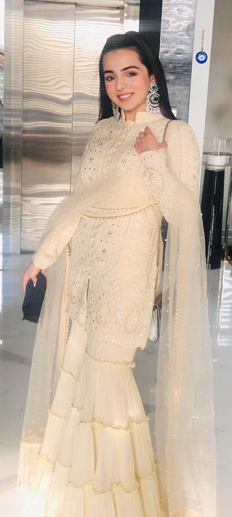 TANYA NARANG IN BEIGE CHIKANKARI FRILL SHARARA SET