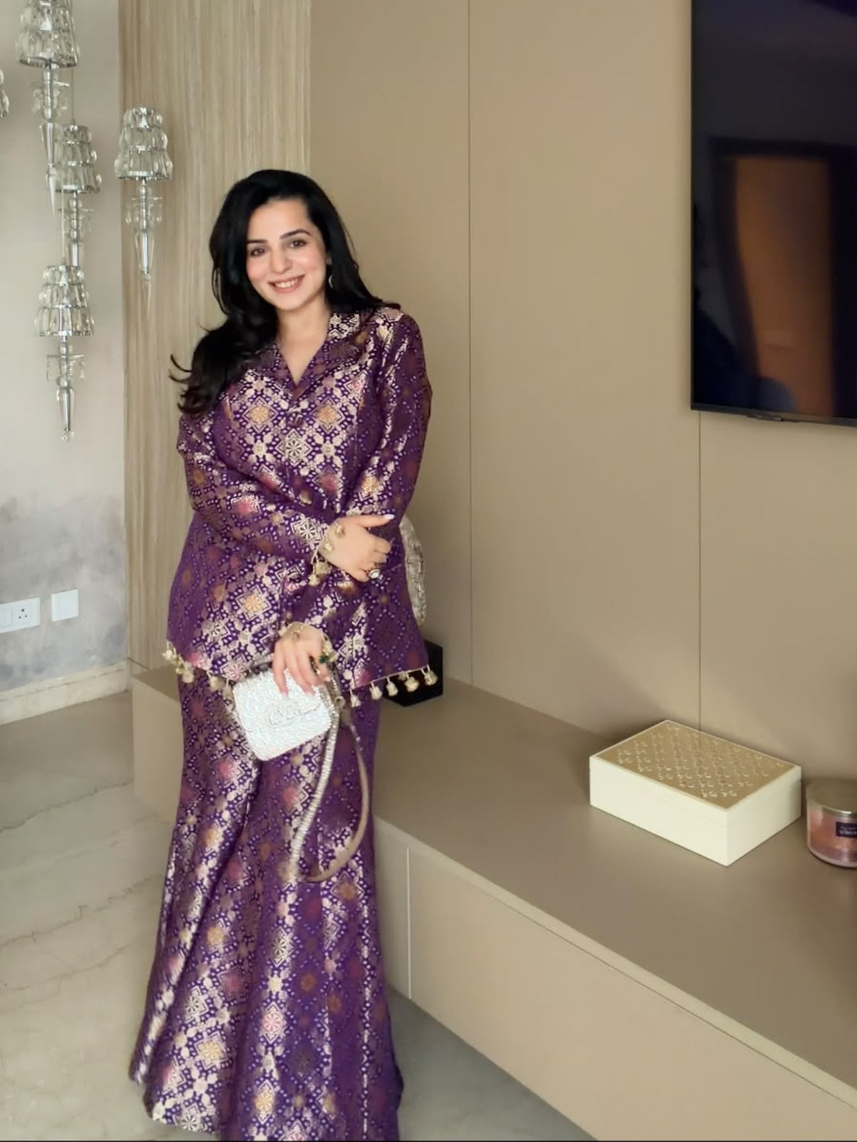 TANYA NARANG IN PURPLE BROCADE BLAZER SET