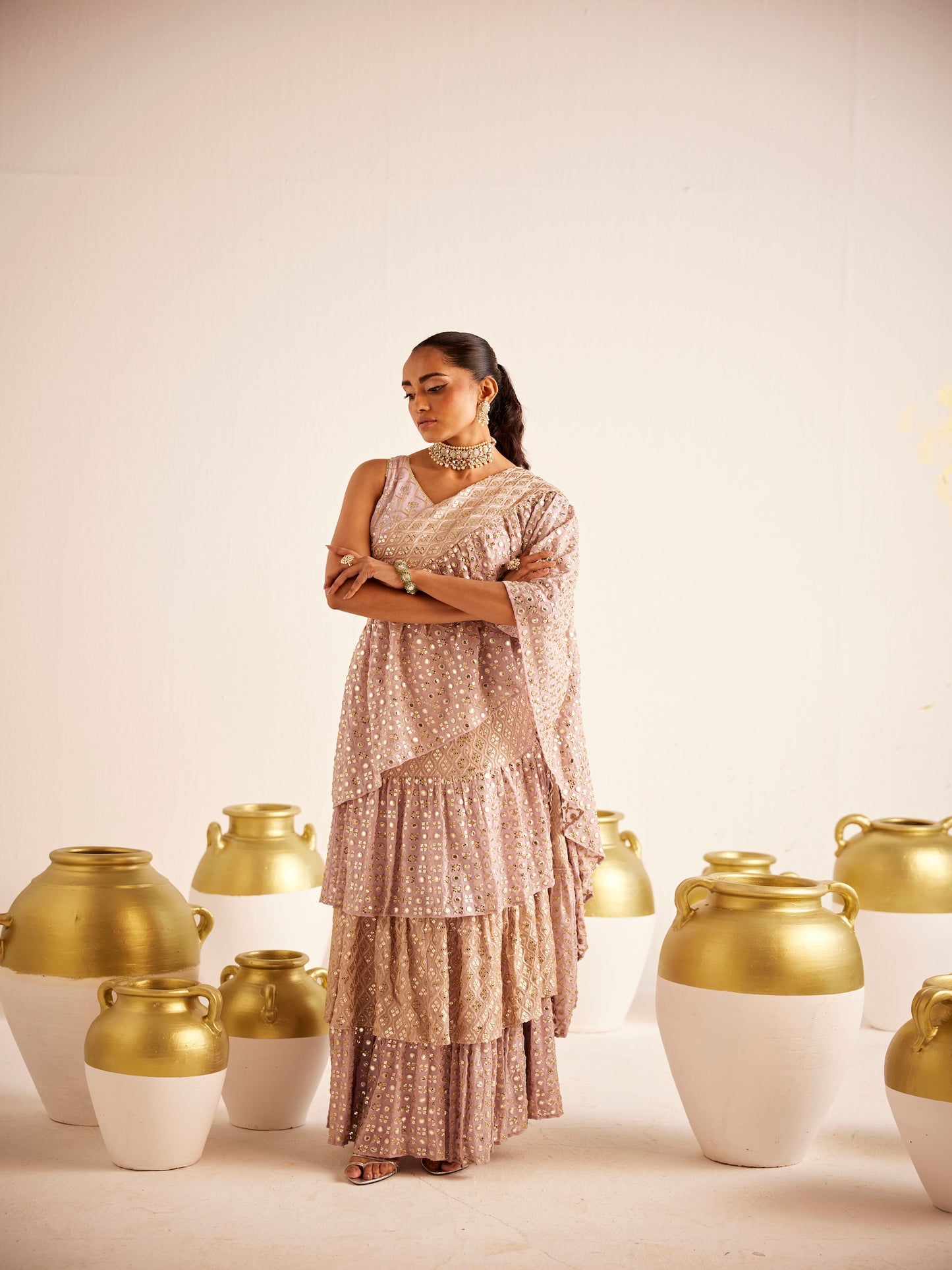 LILAC ZARI & SEQUIN DRAPED SAREE