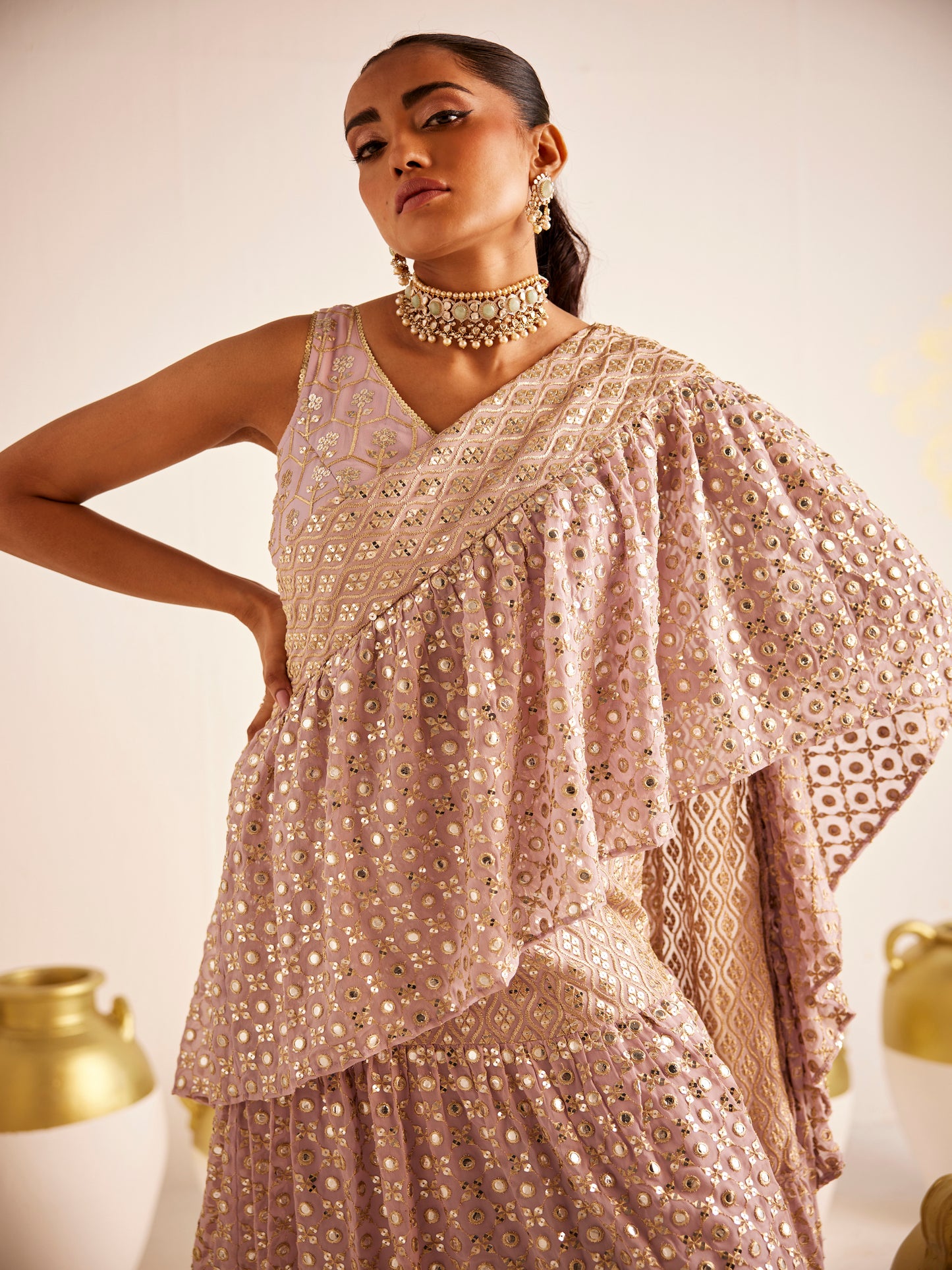 LILAC ZARI & SEQUIN DRAPED SAREE