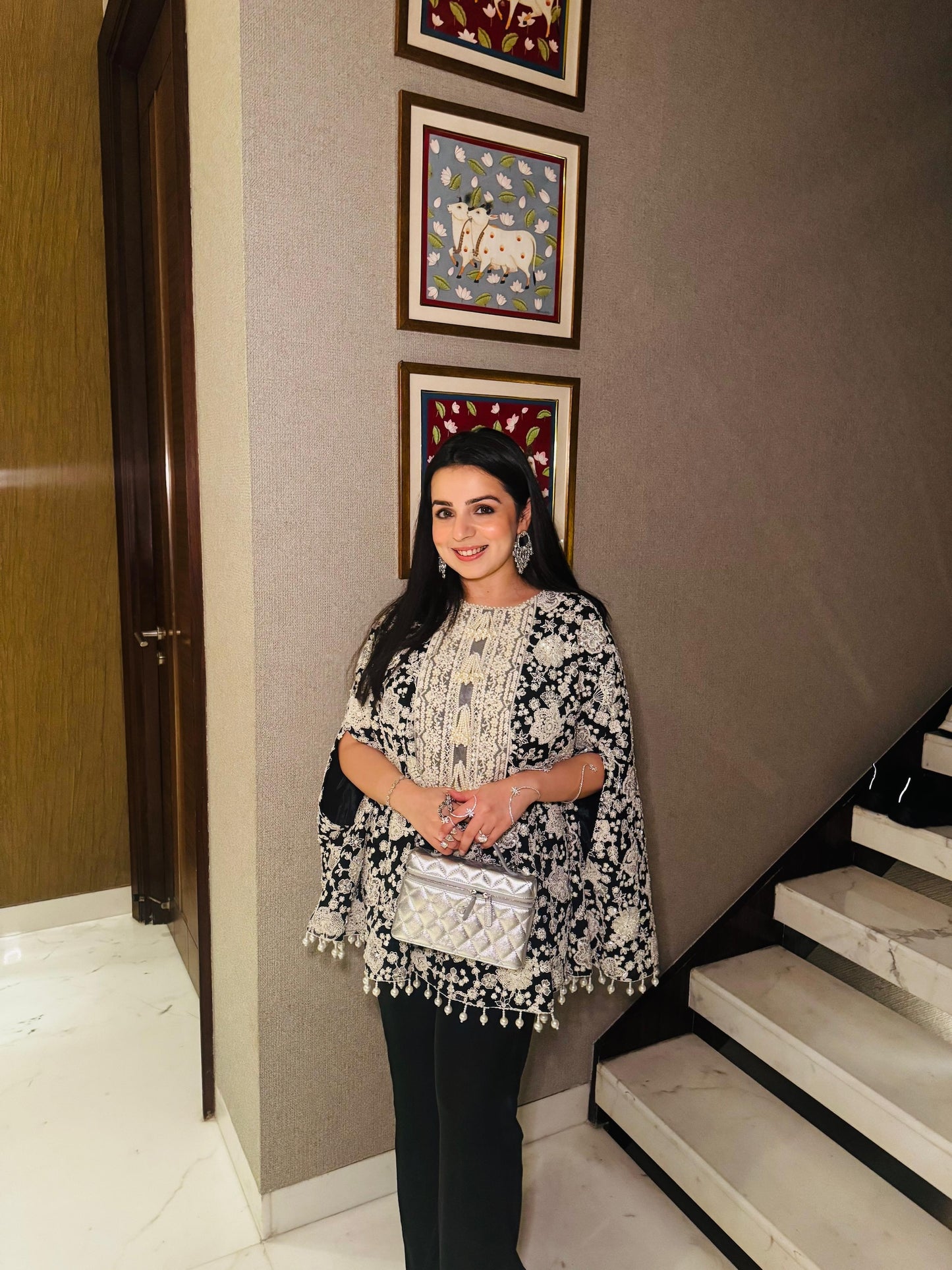TANYA NARANG IN BLACK PEARL WORK CAPE SET WITH NECK EMBROIDERY