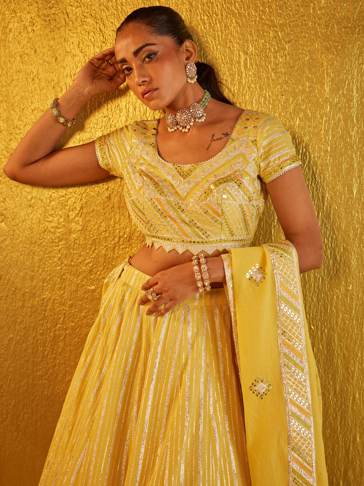 YELLOW GOTA WORK LEHENGA SET
