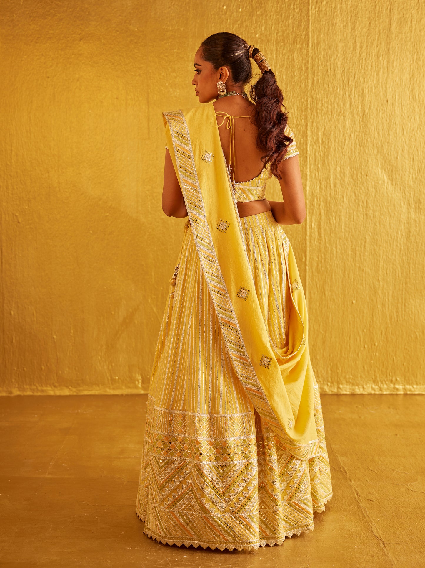 YELLOW GOTA WORK LEHENGA SET